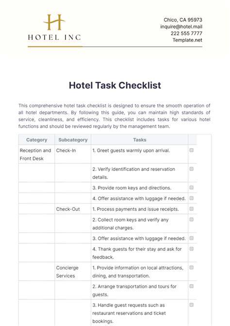 Free Hotel Checklists .